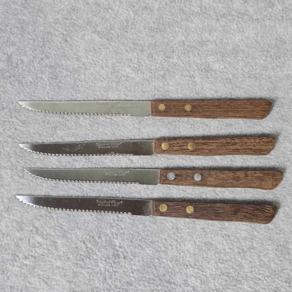 Vintage Hanford Forge Steak Knives Set 8 Brown Wood Handle Stainless Japan